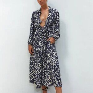 Blue and White Patterned Zara Midi Dress - Button Down Dress - Shirt Dress